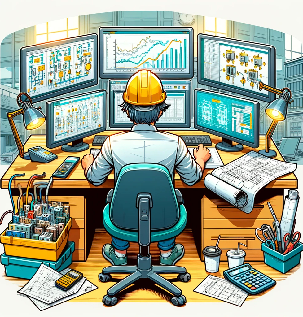 A-cartoon-style-image-of-a-person-sitting-at-a-desk-surrounded-by-multiple-screens-displaying-graphs-and-electrical-circuit-diagrams