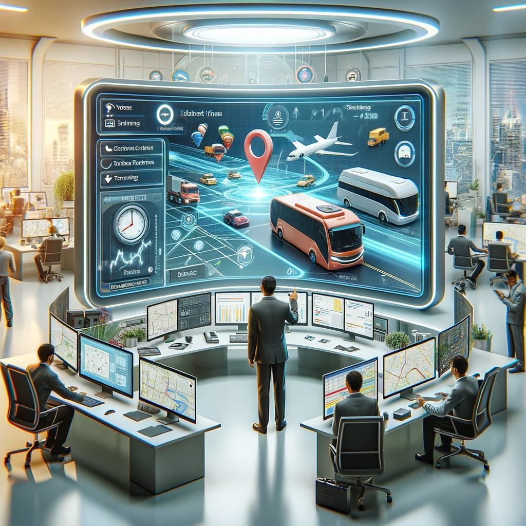 A-futuristic-cartoon-style-image-depicting-a-bustling-business-environment.-In-the-center-a-person-is-using-a-large-interactive-touchscreen-display