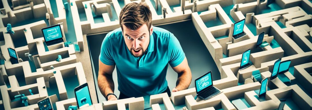 A maze-like obstacle course with various mobile devices scattered throughout. A frustrated person is attempting to navigate through the maze while encountering challenges such as outdated software, incompatible devices, security breaches, and lost connectivity. The devices vary in size and shape, adding to the confusion and difficulty of navigating through the maze.